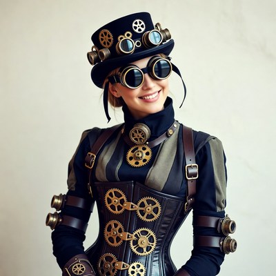 Woman in steampunk goggles hat