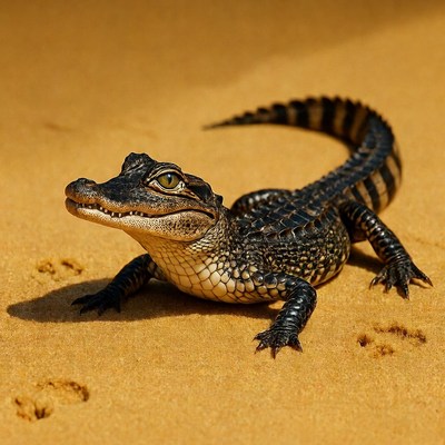 Baby alligator on sandy beach