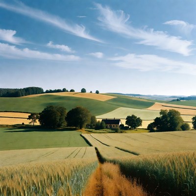 Rolling Fields with Wheat and Farmhouse