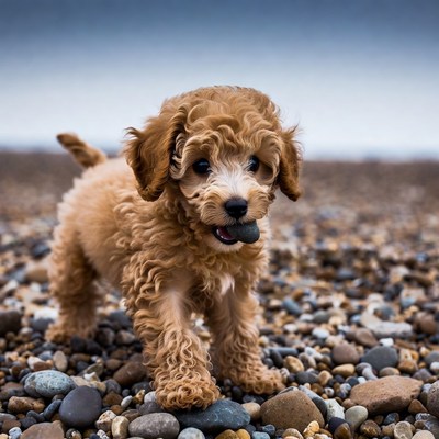 Curly-haired puppy on beach pebbles
