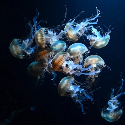 Cluster of Glowing Jellyfish Underwater