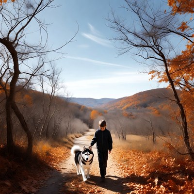 Boy walking Siberian Husky autumn trail