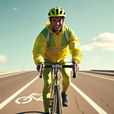 Man cycling in yellow gear on bike lane