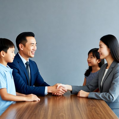 Asian family shaking hands with businessman