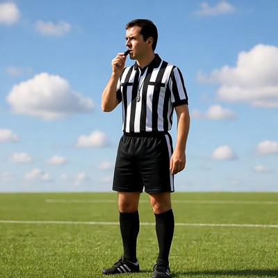 Soccer referee blowing whistle on field