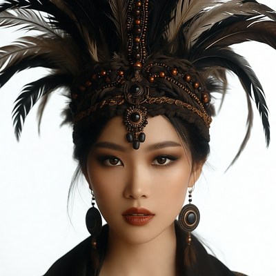 Asian woman in feathered headdress