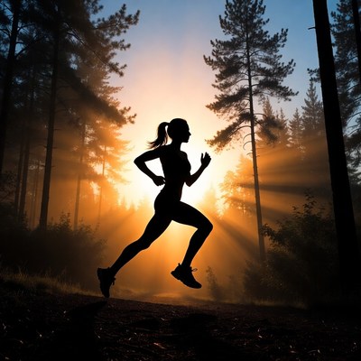 Silhouette woman running in forest sunset