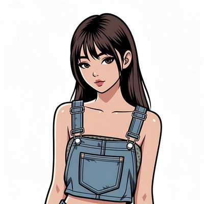 Anime girl in denim overalls