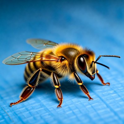 Honey Bee on Blue Background