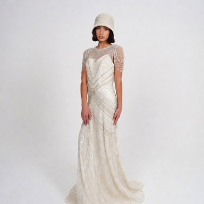 Woman in Beaded Flapper Dress and Cloche Hat