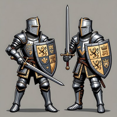 Two Knights with Shields and Swords