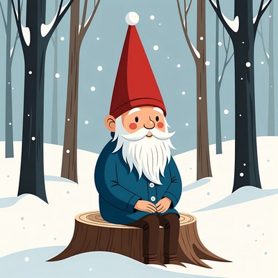 Gnome sitting on snowy stump