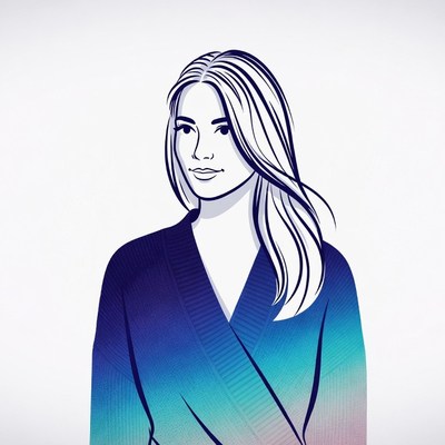 Blonde woman in gradient blue cardigan