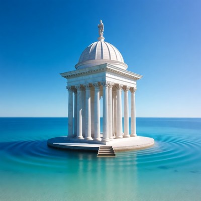 White Temple Floating on Ocean