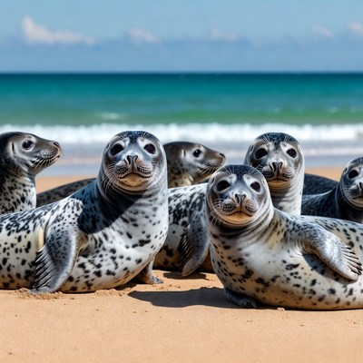 Group of baby seals on beach