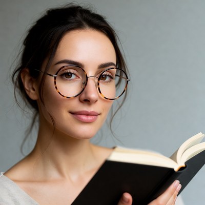 Woman reading book in glasses