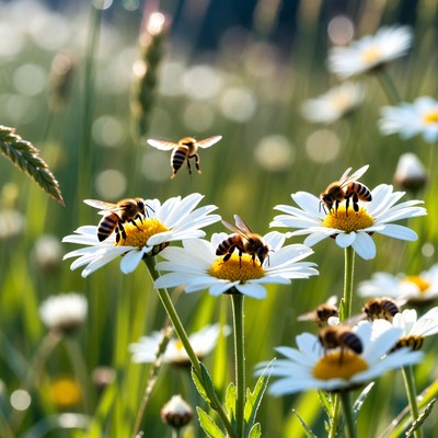 Bees Pollinating Daisies in Field