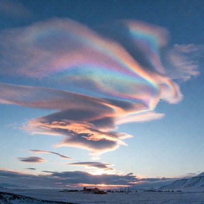Iridescent Cloud Over Snowy Arctic Landscape