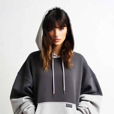 Woman in oversized gray hoodie