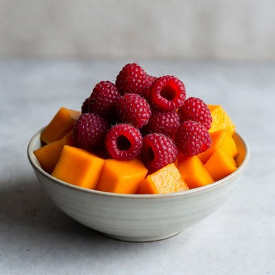 Raspberries and Mango Chunks in Bowl