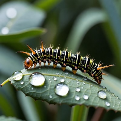 Striped Caterpillar on Dewy Leaf