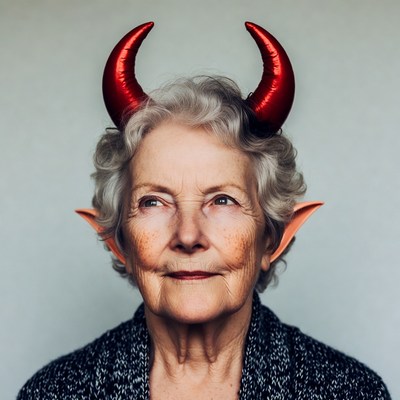 Elderly woman with red devil horns