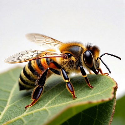 Honey Bee on Green Leaf