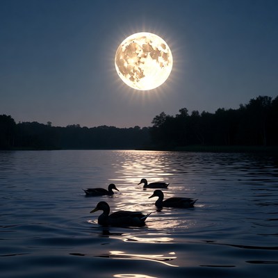 Ducks Swimming Under Full Moon Lake