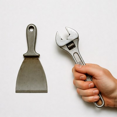 Hand Holding Wrench Beside Putty Knife