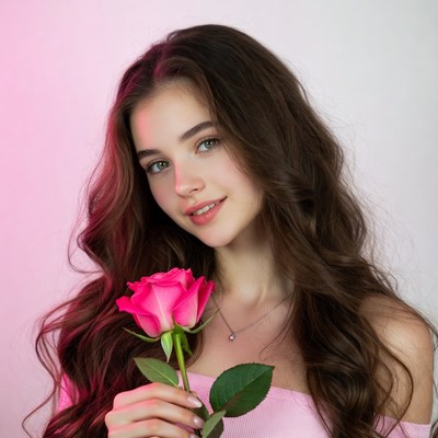Young woman holding pink rose