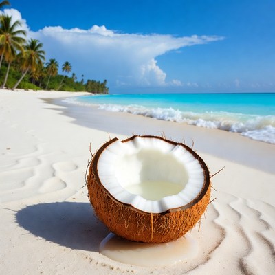 Split Coconut on Tropical Beach