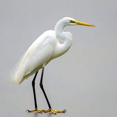 Great Egret Standing on Gray Background