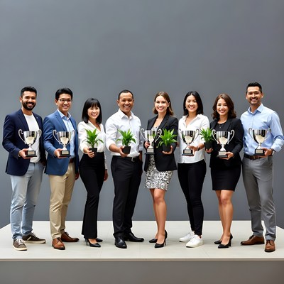 Business team holding trophies and plants