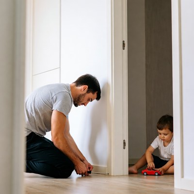 Father and toddler playing with toy car