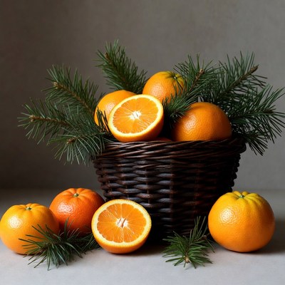Basket of Oranges with Pine Branches