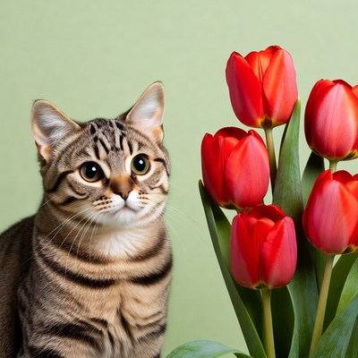 Tabby Cat with Red Tulips