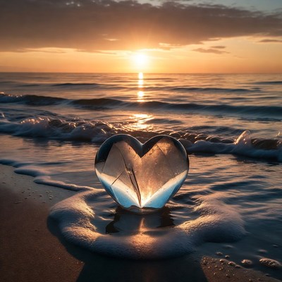 Crystal Heart on Beach at Sunset