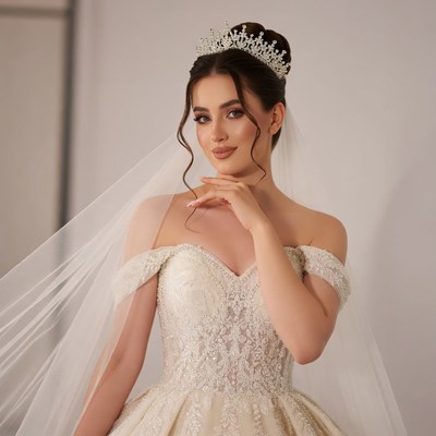 Bride in lace wedding gown with veil