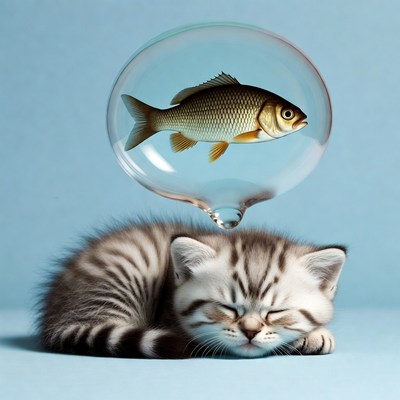 Sleeping kitten with fish in bubble