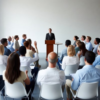 Man speaking at podium to audience