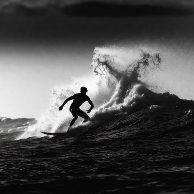 Surfer riding massive wave silhouette
