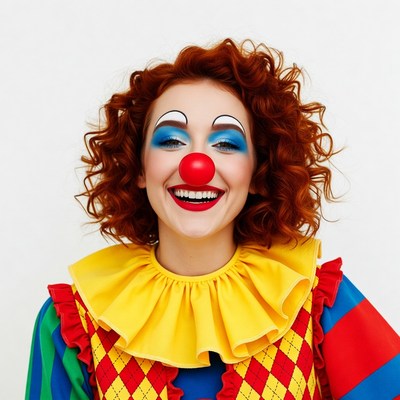 Smiling female clown with red hair
