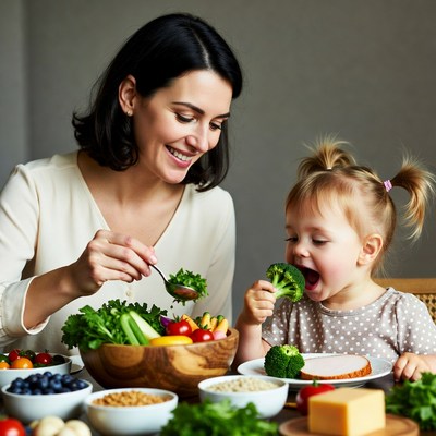 Mother feeding toddler broccoli