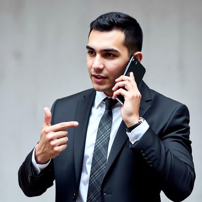 Man in suit talking on phone pointing