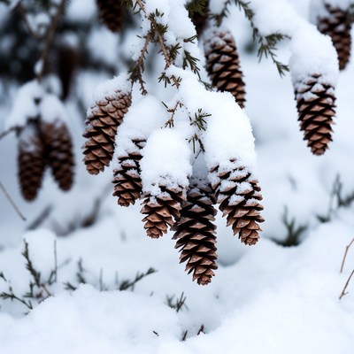 Snow-covered pine cones on branches