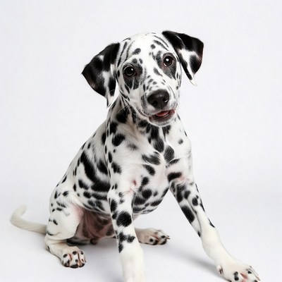 Dalmatian puppy sitting on white background