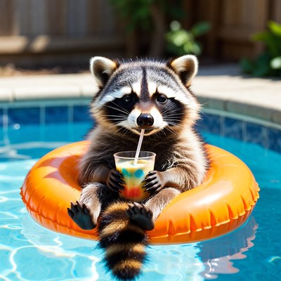 Raccoon relaxing in pool with drink