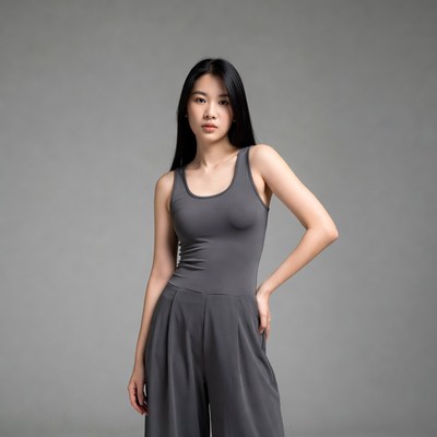 Asian woman in gray tank top pants