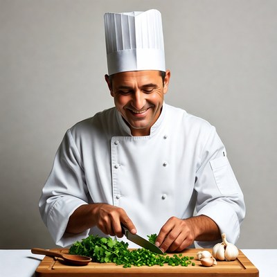 Chef chopping herbs and garlic