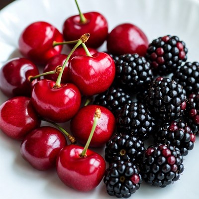Red Cherries and Blackberries on White Plate